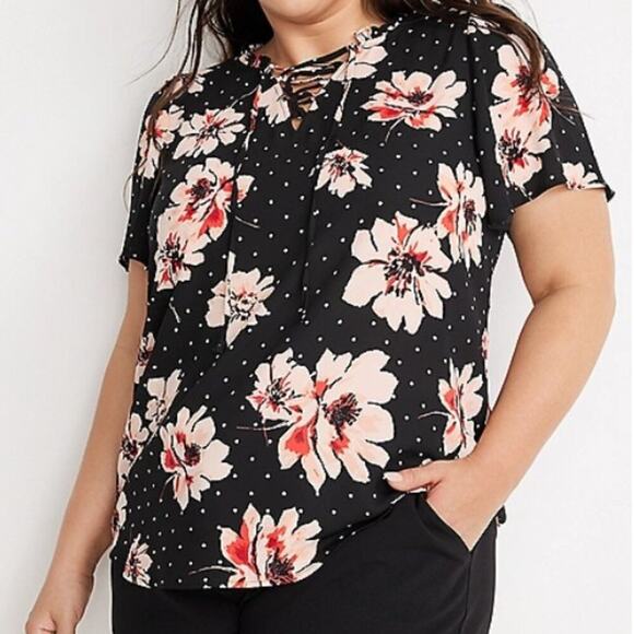 Maurices Plus Size Floral Lace Up Flutter Sleeve Blouse Size XXL Polka Dots - Picture 1 of 7